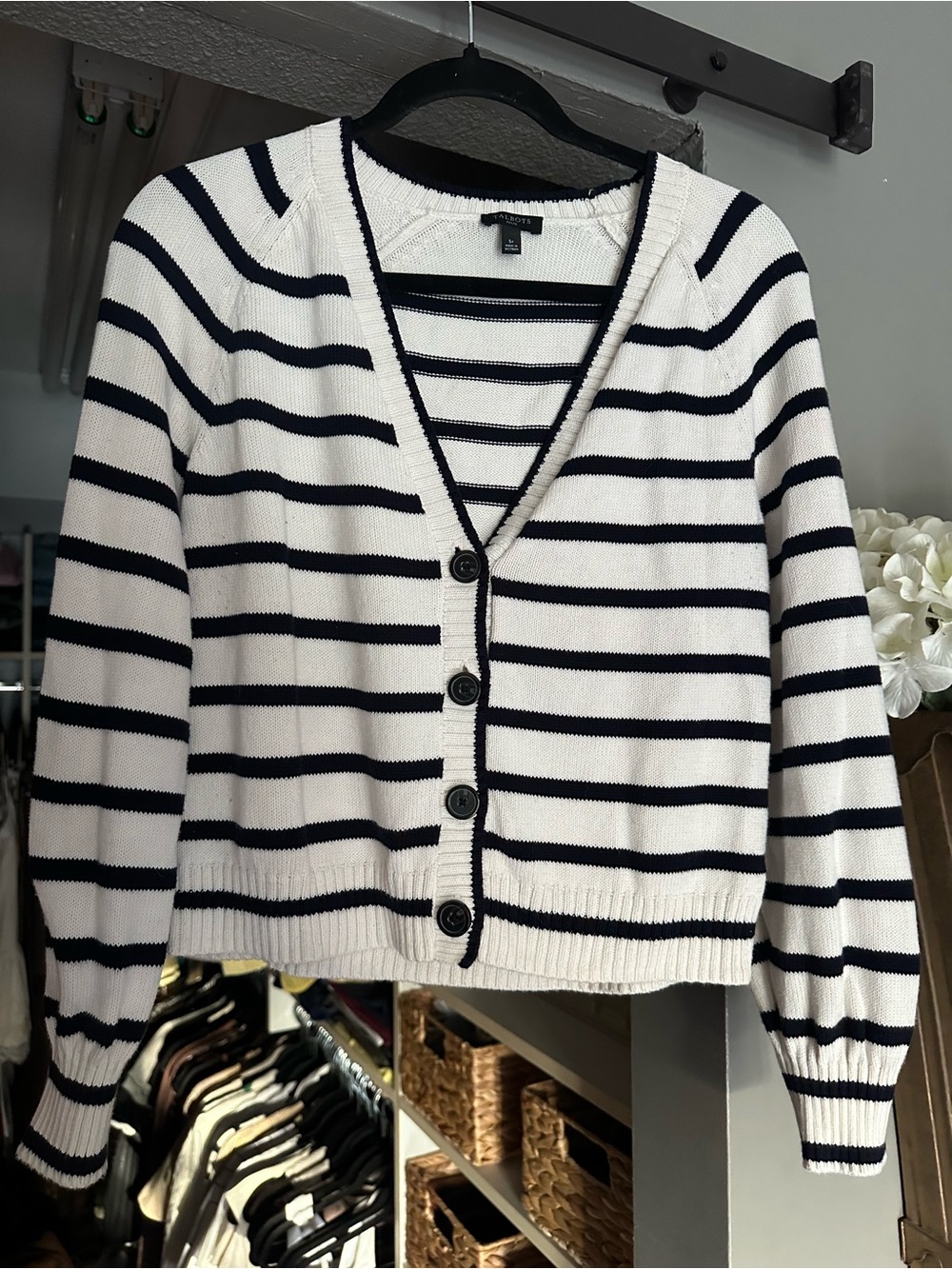Talbots White and Navy Striped V-Neck Button Cardigan